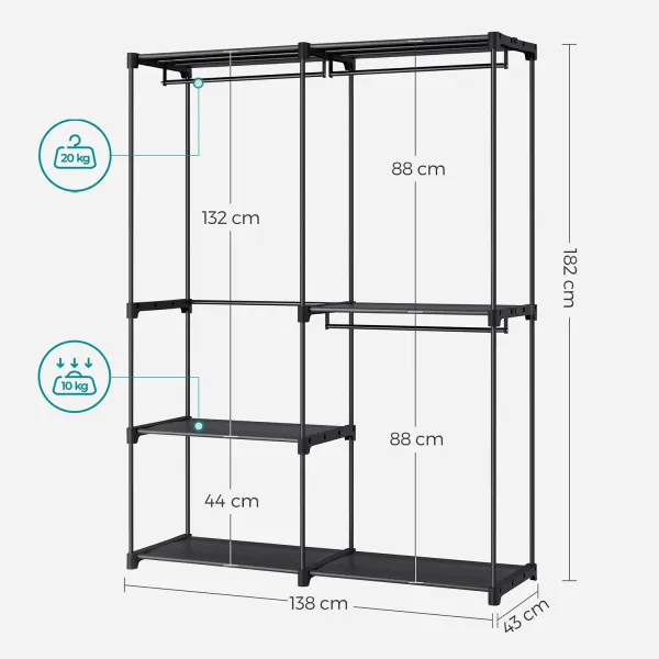 SONGMICS Otvorená šatníková skriňa 138 x 182 x 43 cm čierna