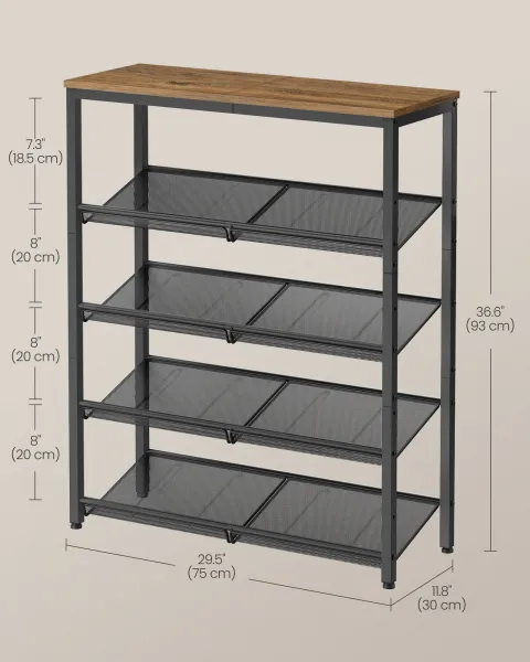 VASAGLE Botník 5 políc 75 x 93 x 30 cm priemyselná čierna