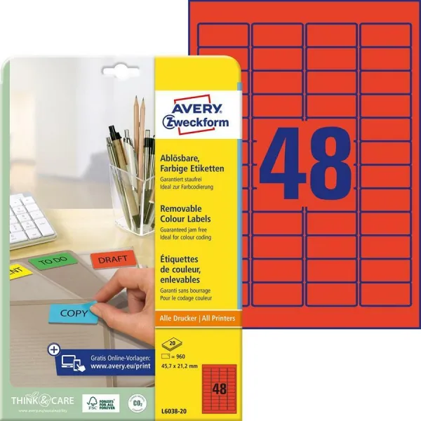 Avery Zweckform Etikety Avery odnímateľné 45,7x21,2 mm červené