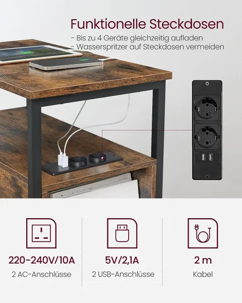 VASAGLE Konferenčný stolík s elektrickou zásuvkou hnedý