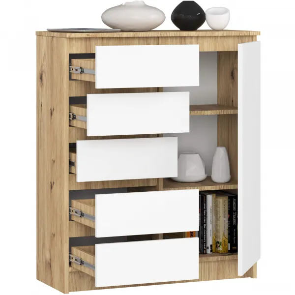 Ak furniture Komoda JERRY 80 cm 1 dveře 5 zásuvek bílá/dub artisan 