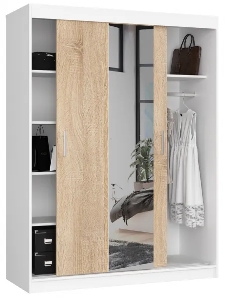 Ak furniture Šatníková skriňa so zrkadlom Reton 150 cm biela/dub sonoma
