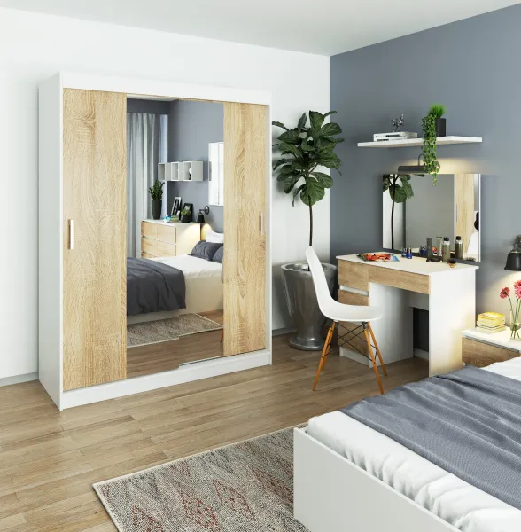 Ak furniture Šatníková skriňa so zrkadlom Reton 150 cm biela/dub sonoma