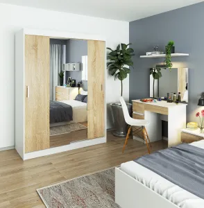Ak furniture Šatníková skriňa so zrkadlom Reton 150 cm biela/dub sonoma