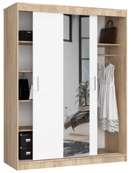 Ak furniture Šatníková skriňa so zrkadlom Reton 150 cm dub sonoma/biela