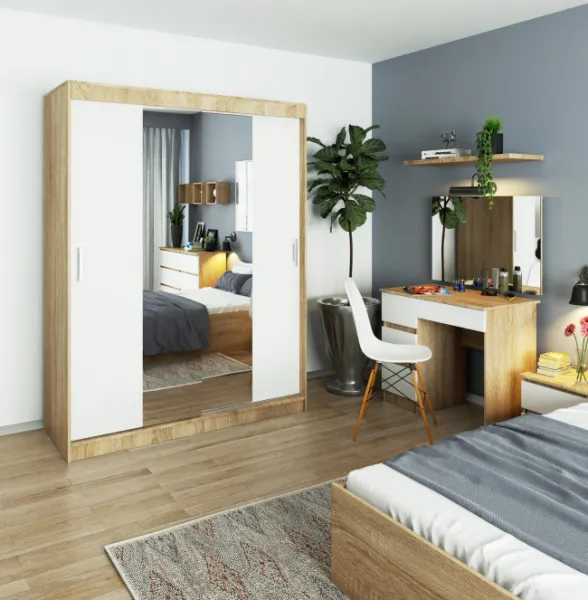 Ak furniture Šatníková skriňa so zrkadlom Reton 150 cm dub sonoma/biela
