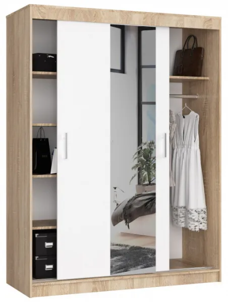 Ak furniture Šatníková skriňa so zrkadlom Reton 150 cm dub sonoma/biela