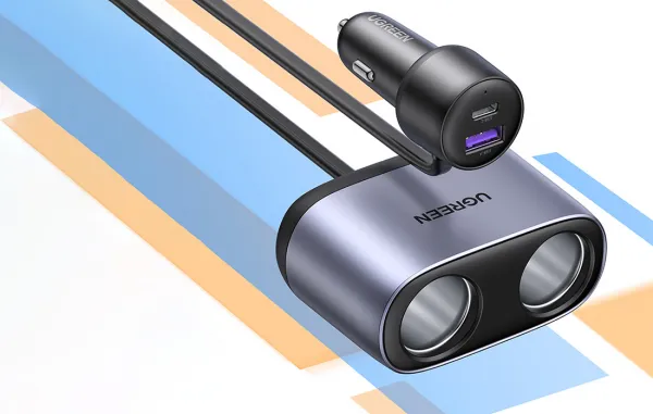 UGREEN CD252 Car charger with two cigarette lighter sockets, USB + USB-C, 120W