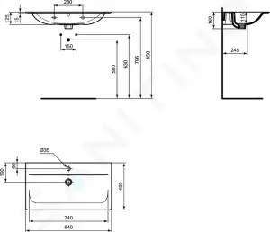 Ideal Standard Connect Air - Nábytkové umývadlo 840x460 mm, s prepadom, biela E027901