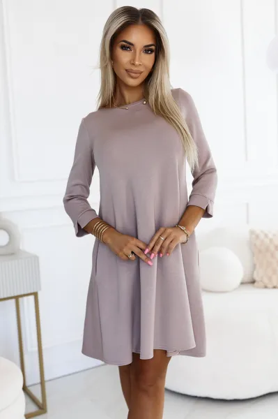 Numoco Dámske voľné áčkové šaty s 3/4 rukávom – viac možností nosenia Farba: Bežová, Veľkosť: L/XL