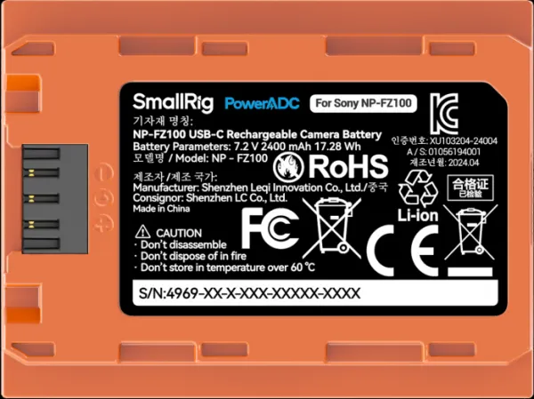 SmallRig 4969 NP-FZ100 USB-C nabíjateľná batéria fotoaparátu oranžová