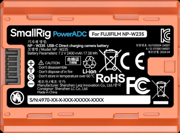 SmallRig 4970 NP-W235 USB-C nabíjateľná batéria fotoaparátu oranžová