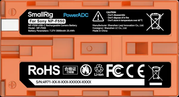 SmallRig 4971 NP-F550 USB-C nabíjateľná batéria fotoaparátu oranžová