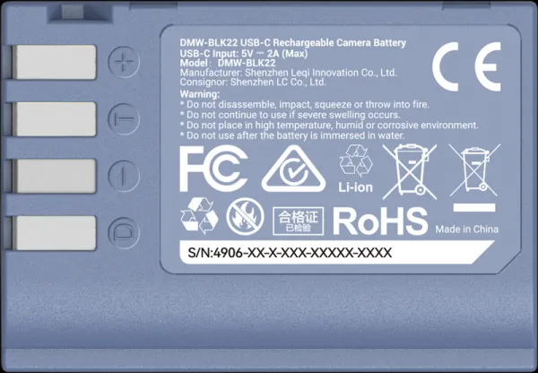 Batéria fotoaparátu SmallRig 4906 USB-C nabíjateľná DMW-BLK22