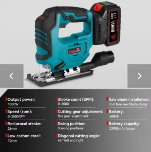 Bezuhlíková elektrická priamočiara píla ONEVAN 3500RPM 1000W priamočiara píla s nastaviteľnou čepeľou vhodná pre batériu MAKITA 18V