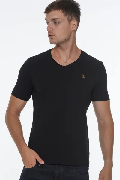 DOUBLE SET T8568 DEWBERRY V-NECK MEN'S T-SHIRT-BLACK-ANTHRACITE
