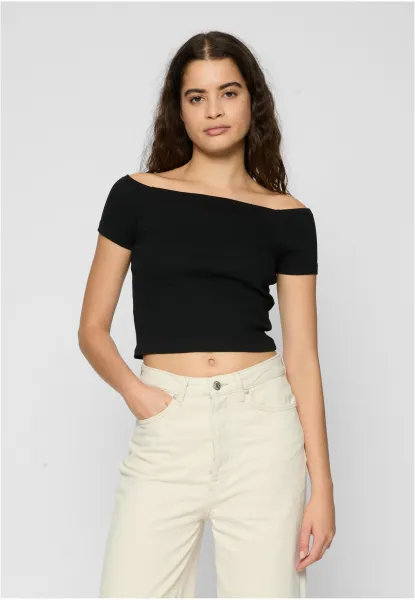 Women's T-shirt Off Shoulder Rib Tee 2-pack redburgundy+black