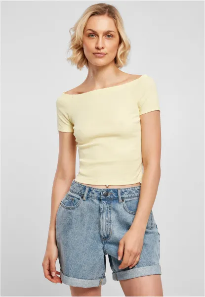 Women's loose shoulder t-shirt in soft yellow color