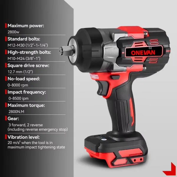 ONEVAN 2800N.M 2800W bezuhlíkový rázový uťahovák 1/2" vhodný pre batériu Makita 18V/verzia BEZ batérie červeno čierna farba