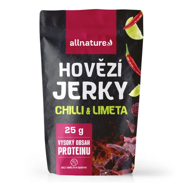 Allnature BEEF Jerky čili a limetka – sušené hovädzie mäso s čili a limetkou Obsah: 100g