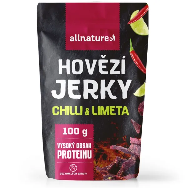 Allnature BEEF Jerky čili a limetka – sušené hovädzie mäso s čili a limetkou Obsah: 25g