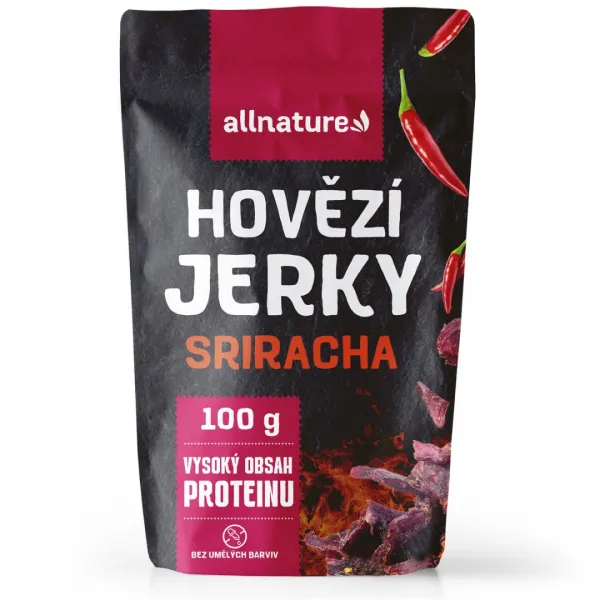Allnature BEEF Sriracha jerky – sušené hovädzie mäso so Srirachou Obsah: 25g
