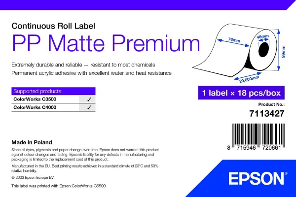 Epson 7113427 PP Matte, pre ColorWorks, 76mm x 29m, polypropylén, biele samolepiace etikety
