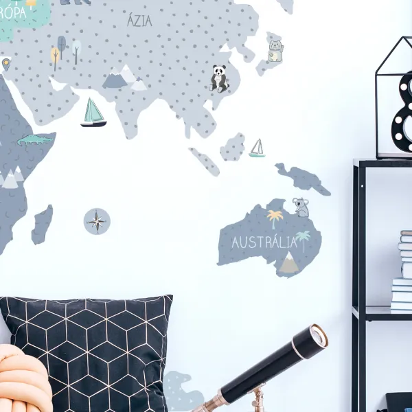 Detské nástenné samolepky MAPA SVETA modré Zvoľte rozmer: M, Zvoľte jazyk: Český