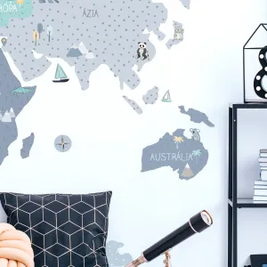 Detské nástenné samolepky MAPA SVETA modré Zvoľte rozmer: M, Zvoľte jazyk: Český