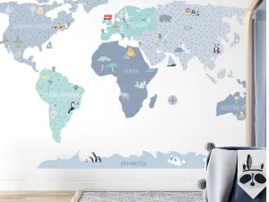 Detské nástenné samolepky MAPA SVETA modré Zvoľte rozmer: M, Zvoľte jazyk: Český