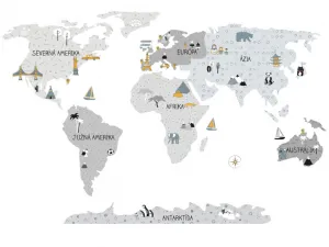 Detské nástenné samolepky MAPA SVETA šedé Zvoľte rozmer: M, Zvoľte jazyk: Český