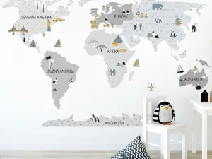 Detské nástenné samolepky MAPA SVETA šedé Zvoľte rozmer: M, Zvoľte jazyk: Český