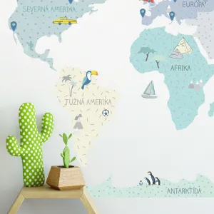 Detské nástenné samolepky MAPA SVETA mätové Zvoľte rozmer: M, Zvoľte jazyk: Český