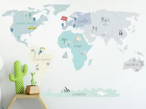 Detské nástenné samolepky MAPA SVETA mätové Zvoľte rozmer: M, Zvoľte jazyk: Český