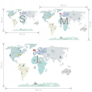 Detské nástenné samolepky MAPA SVETA mätové Zvoľte rozmer: M, Zvoľte jazyk: Český