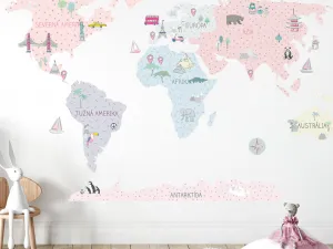 Detské nástenné samolepky MAPA SVETA ružové Zvoľte rozmer: M, Zvoľte jazyk: Český