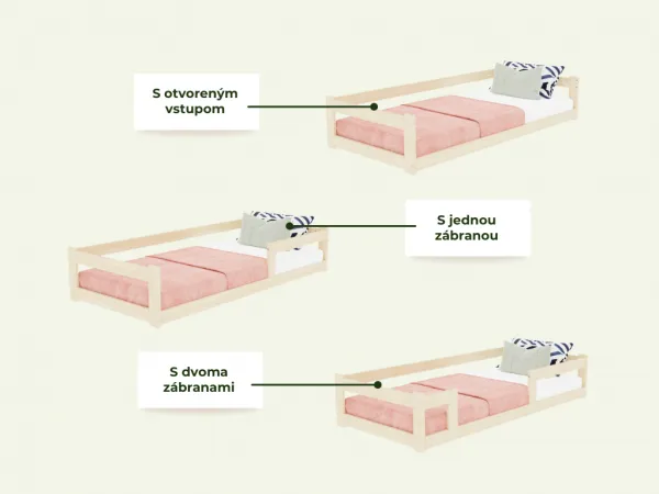 Benlemi Nízka jednolôžková posteľ z dreva SAFE 5v1 so zábranou Zvoľte farbu: Nelakovaná, Zvoľte rozmer: 135x190 cm, Zvoľte zábranu: S otvoreným vstup…