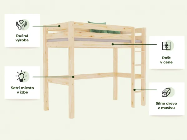 Drevená vyvýšená posteľ MAKALU pre deti 90x200 cm Zvoľte farbu: Biela