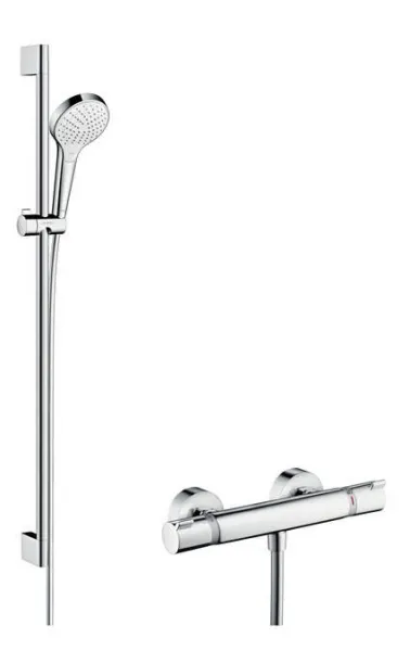 HansGrohe Croma Select S - Sprchová súprava Vario s termostatom, 3 prúdy, sprchová tyč 900 mm, biela/chróm 27014400