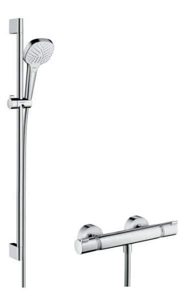 HansGrohe Croma Select E - Sprchová súprava Vario s termostatom, 3 prúdy, sprchová tyč 900 mm, biela/chróm 27082400