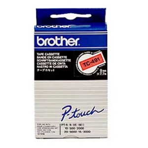 Brother TC-491, 9mm x 7,7m, čierna tlač / červený podklad, originálna páska