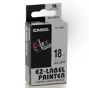 Casio XR-18SR1, 18mm x 8m, čierna tlač/strieborný podklad, originálna páska