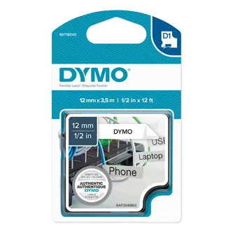 Dymo originál páska do tlačiarne štítkov, Dymo, 16957, S0718040, čierny tlač/biely podklad, 3.5m, 12mm, D1 špeciálna - flexibilná 16957
