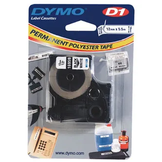 Dymo originál páska do tlačiarne štítkov, Dymo, 16959, S0718060, čierny tlač/biely podklad, 5.5m, 12mm, D1, špeciálna - permanentn 16959