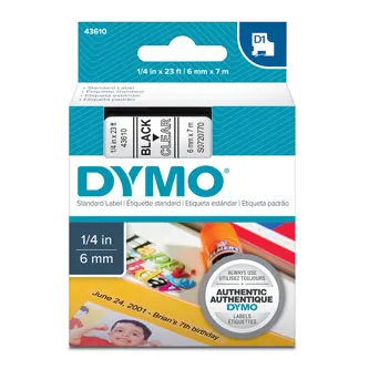 Dymo originál páska do tlačiarne štítkov, Dymo, 43610, S0720770, čierny tlač/priehľadný podklad, 7m, 6mm, D1 43610