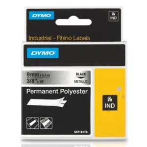 Dymo originál páska do tlačiarne štítkov, Dymo, 18485, S0718170, čierny tlač/metalický podklad, 5.5m, 9mm, RHINO permanentná polye S0718170