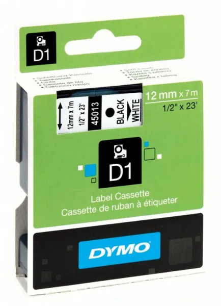 Dymo originál páska do tlačiarne štítkov, Dymo, 45013, S0720530, čierny tlač/biely podklad, 7m, 12mm, D1 45013