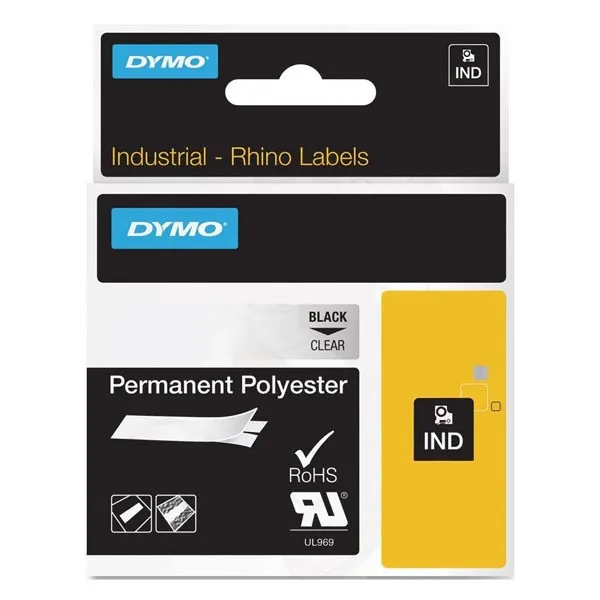 Dymo originál páska do tlačiarne štítkov, Dymo, 622290, čierny tlač/priehľadný podklad, 5.5m, 19mm, RHINO permanentná polyesterová 622290