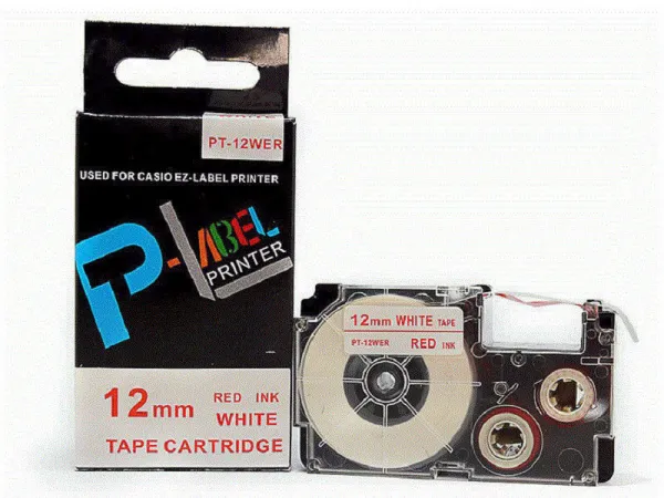 Kompatibilná páska s Casio XR-12WER 12mm x 8m červená tlač / biely podklad