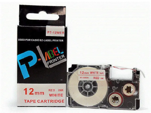 Kompatibilná páska s Casio XR-12WER 12mm x 8m červená tlač / biely podklad